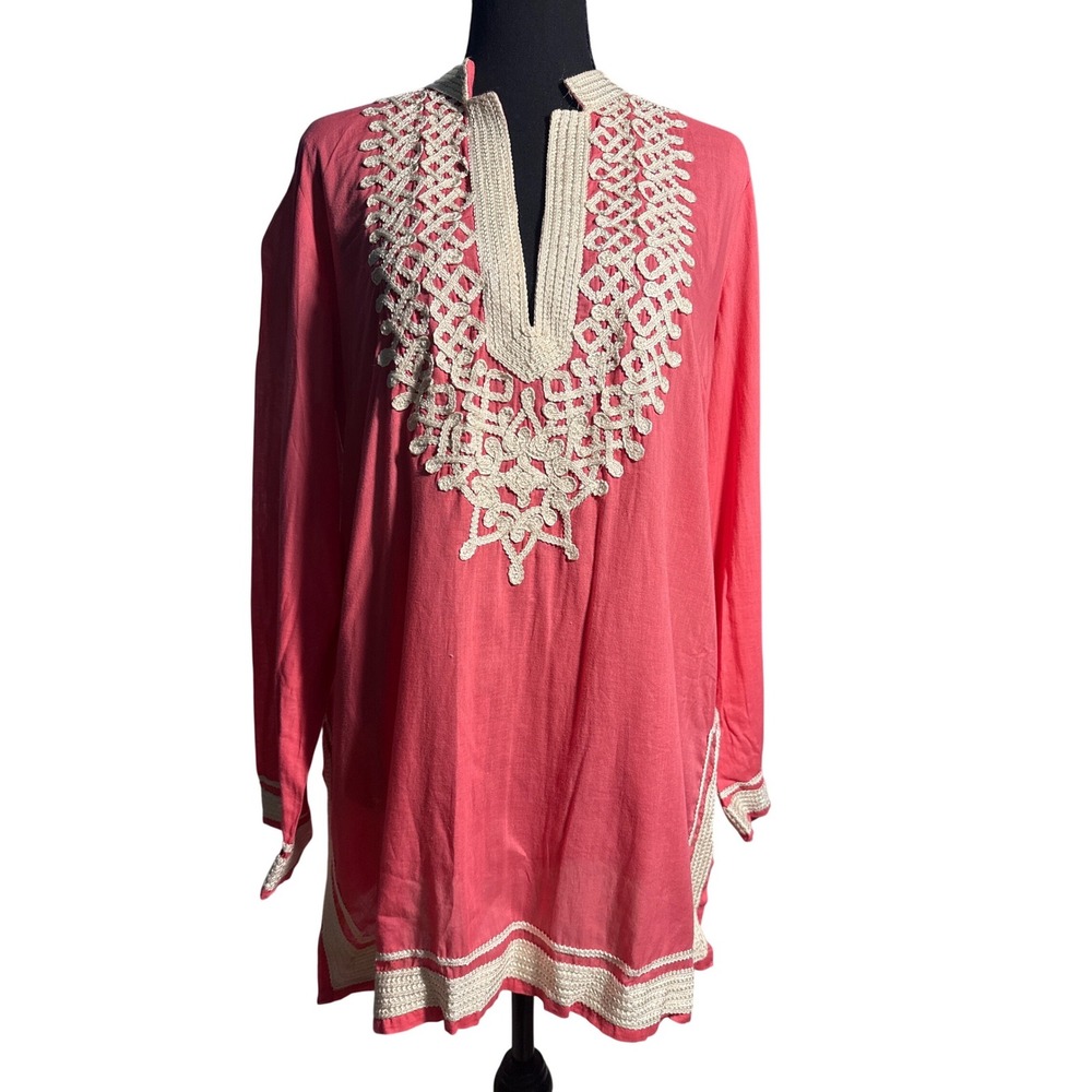 Sharon Gill NYC Women XL Coral Pink Crochet Embroidered Tunic Top Kaftan Boho